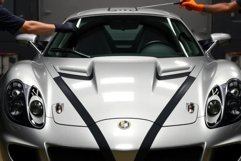 A detailed scene of a mechanic replacing the windshield on an Invicta S1 6.0 V8 500 hp sports car from 2004-2012, showing the front of the car with the old glass removed and a new windshield being installed, tools and gloves visible, set in a garage environment with subtle lighting, no text or numbers in the image.
