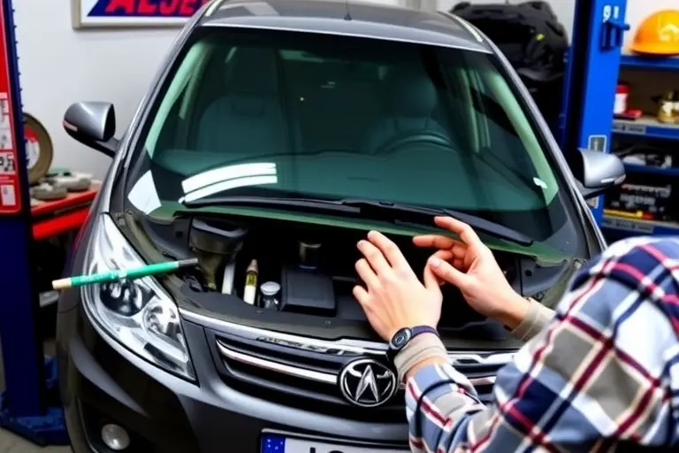 A mechanic in a garage is replacing the windshield of a LADA Granta 1.6 L 106 hp (2011 model). The scene shows a car on a hydraulic lift, the old windshield removed, a new clear glass panel being fitted. Tools such as a suction cup, a sealant gun, and a cleaning brush are visible. The background includes a workbench with automotive parts and a safety helmet. The focus is on the car's front, the windshield area, and the mechanic's hands.