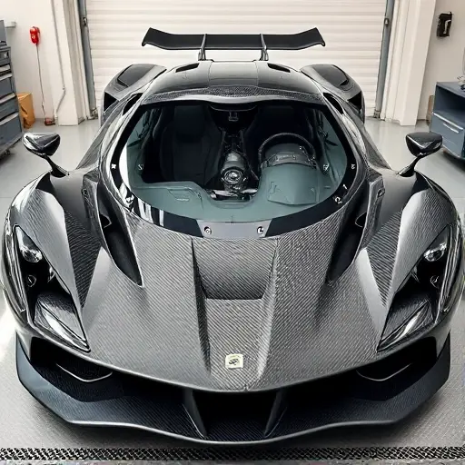 A high-quality close-up of the front section of an Ascari A10 supercar with the windshield area exposed, showing the bare frame and mounting points ready for glass installation, set against a clean, neutral automotive workshop background with soft lighting highlighting the carbon fiber bodywork