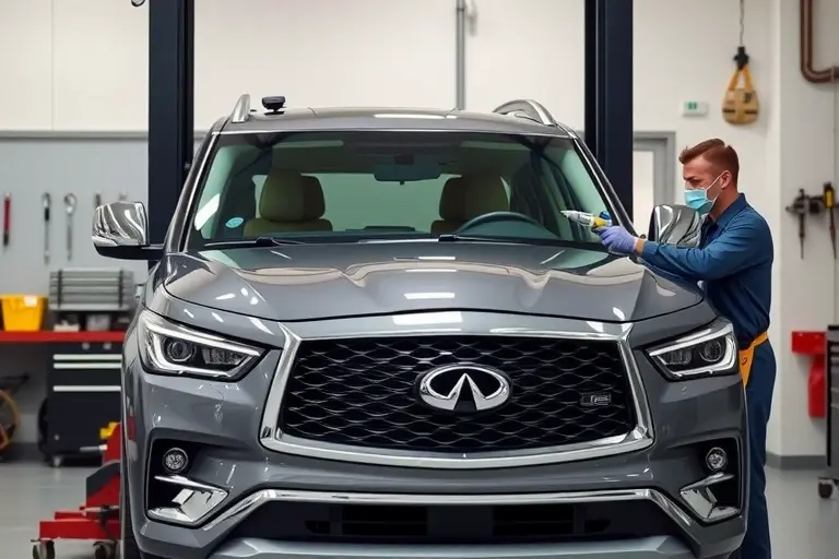 A detailed workshop scene showing a mechanic in a jumpsuit replacing the front windshield of an Infiniti QX80 5.6 V8 400 hp. The car is positioned on a lift, the old windshield is removed, and a new windshield is being fitted. Tools such as a suction cup, a spray gun for adhesive, and a safety harness are visible. The background features a clean garage with a workbench, a toolbox, and a safety mask. The focus is on the windshield replacement process, emphasizing the car's front, the windshield, the tools, and the mechanic's hands.