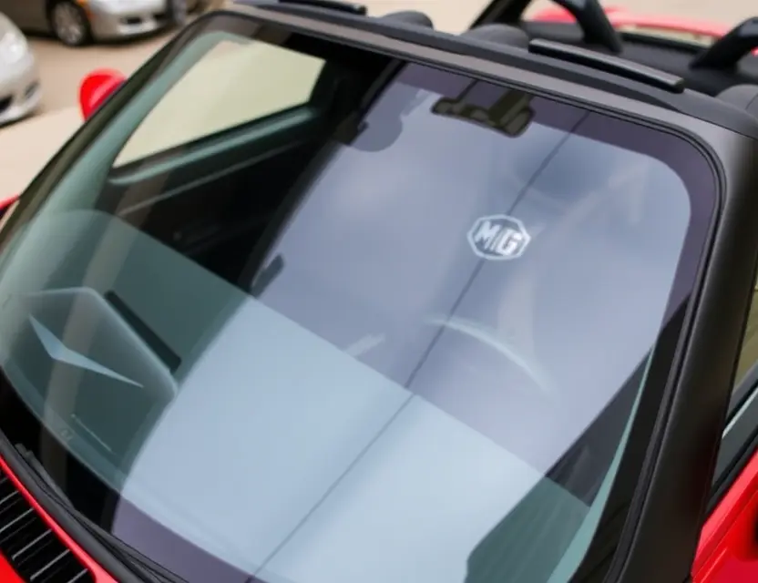A close-up shot of an MG Cyberster with a replaced windshield, showcasing the new glass and the surrounding car details. The focus should be on the clarity and quality of the replacement windshield.
