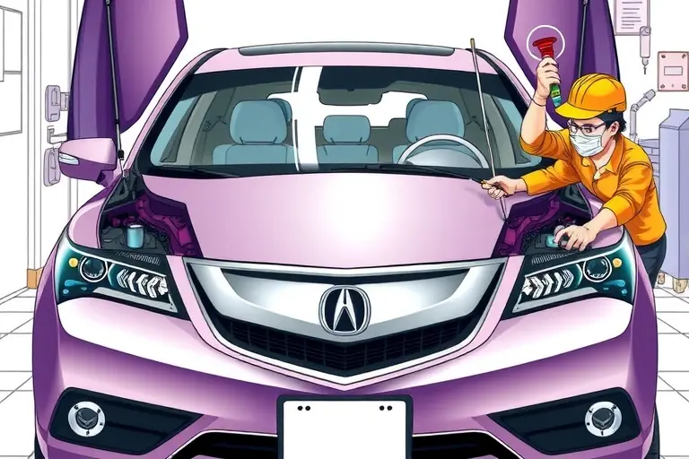 A detailed illustration of an Acura ZDX (model years 2010-2013) undergoing windshield replacement. Show the front of the vehicle with the hood open, a clear, partially removed windshield, and a professional mechanic in safety gear using appropriate tools (suction cup, screwdriver, sealant). Emphasize the car's distinctive shape and the replacement process, with a clean workshop background.