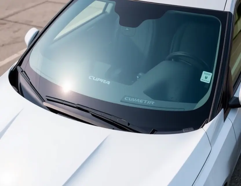 A high-quality image of a Cupra car with a replaced windshield, showcasing the new glass. The car should be parked on a clean, well-lit surface. Focus on the clarity and quality of the replacement windshield.
