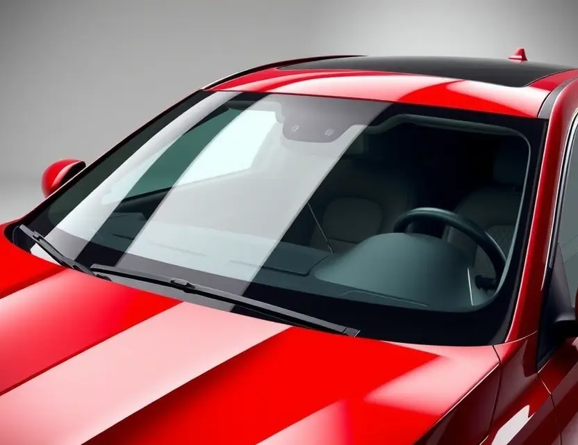A high-quality image depicting a Gordon Murray Automotive car with a replaced windshield. The car should be showcased in a professional studio setting, highlighting the clarity and quality of the new windshield. Focus on the sleek design of the car and the seamless integration of the replacement glass.