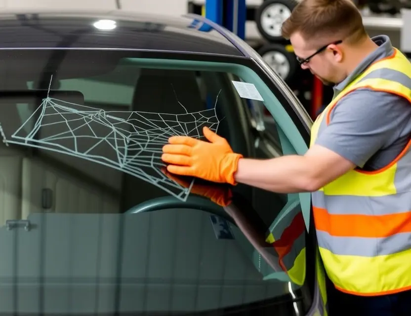 A Citroën C4 with a cracked windshield being replaced by a mechanic. The mechanic is wearing a safety vest and gloves. The replacement windshield is being installed. The background shows a garage setting with tools and equipment.