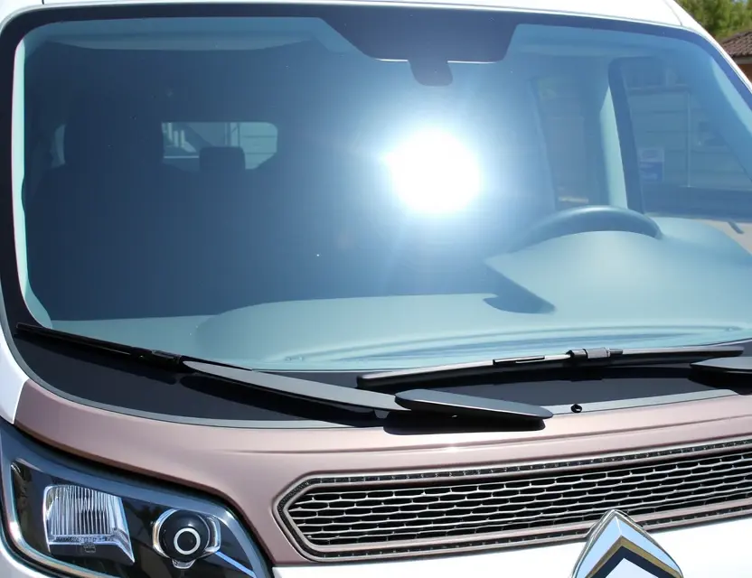 A Citroën ë-Jumpy with a replaced windshield, showing the new glass installed. The vehicle is parked outdoors on a sunny day. Focus on the clarity and visibility of the new windshield.