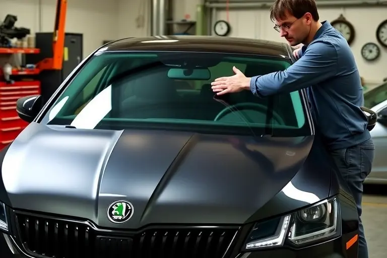 A detailed workshop scene showing a mechanic replacing the windshield of a 2020 Skoda Octavia RS 2.0 TSI 245 hp. The mechanic is carefully removing the old glass and fitting a new clear windshield onto the car's front, with tools and the car's hood visible. The focus is on the windshield area, the car's front profile, and the mechanic's hands and tools, all in a realistic style.
