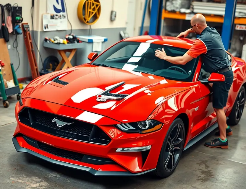 A high-quality image depicting the replacement of a windshield on a red Ford Mustang GT. The scene should show a mechanic working on the windshield, with tools and parts visible. The Mustang GT should be parked in a garage or workshop setting. Focus on the process of windshield replacement.