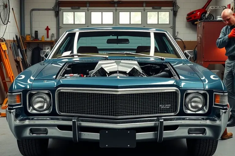 A classic 1970s AMC Matador with a 6.6 L V8 engine parked in a garage, a mechanic in vintage work clothes is carefully removing the old windshield and installing a new glass panel. The scene shows the car's front end, the windshield frame, tools like a suction cup and wrenches, and a clean, well‑lit workshop atmosphere. Emphasize realistic details, metallic surfaces, and the vintage car’s design without any text or logos.