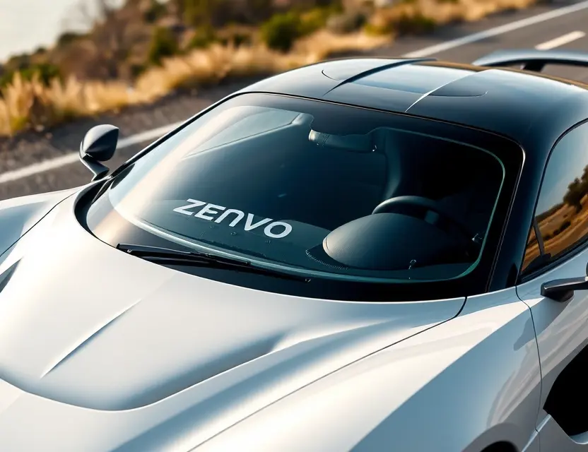 A high-quality, detailed image of a Zenvo TSR-S car with a replaced windshield. The car should be parked on a scenic road, showcasing its sleek design. The replaced windshield should be seamlessly integrated with the original, appearing flawless. Focus on the car's aerodynamic lines and the quality of the replacement glass.