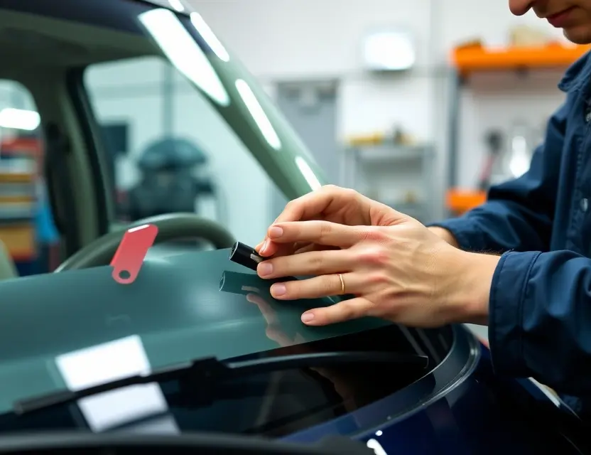 A close-up shot of a Magna Steyr Mila Plu windshield being replaced by a technician in a workshop. The focus should be on the windshield replacement process, showing tools and the technician's hands. The background should be slightly blurred to emphasize the main subject.