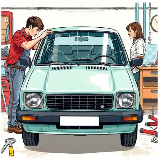 A detailed illustration of a mechanic replacing the windshield of a 1980s Austin Metro 1.3 L R4 60 hp, showing the car's front profile, the old cracked glass being removed, the new clear glass being installed, with tools and a workbench in a garage setting.
