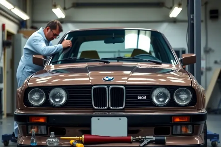 A classic 1987-1990 BMW E30 Alpina C2 2.7 R6 with its distinctive front end, shown in a professional auto workshop. The scene focuses on the car's front, where a technician in a clean uniform and safety glasses is carefully removing the old windshield and positioning a new glass. Tools such as suction cups, a windshield removal tool, and a protective blanket are visible on a workbench. The lighting is bright and realistic, highlighting the car's polished bodywork and the precision of the replacement process.