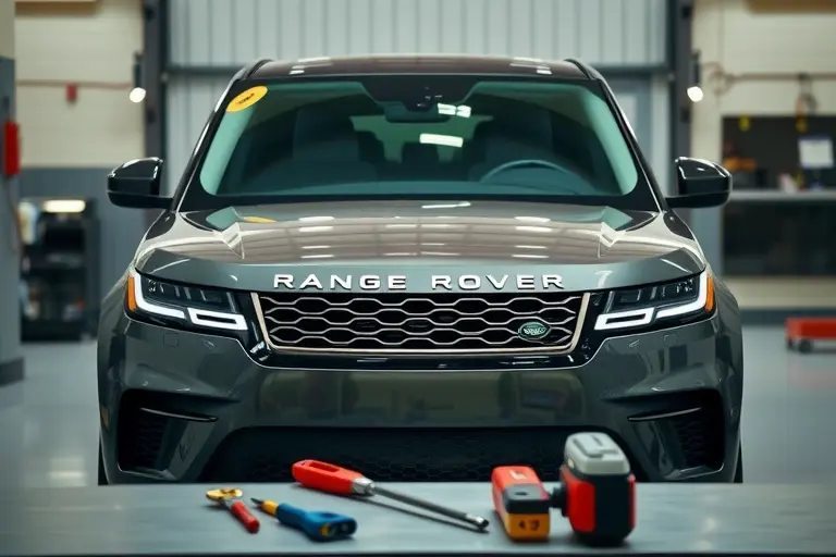 A high-resolution image of a Range Rover P550e PHEV in a garage, with a mechanic in a work apron holding a new windshield in front of the car. The mechanic’s hands are visible as they carefully align the windshield, and a workbench with tools is in the foreground. The background shows a clean, well-lit automotive repair shop with subtle shadows and realistic lighting. The focus is on the car’s front and the windshield replacement process, with detailed textures and no visible text or logos.