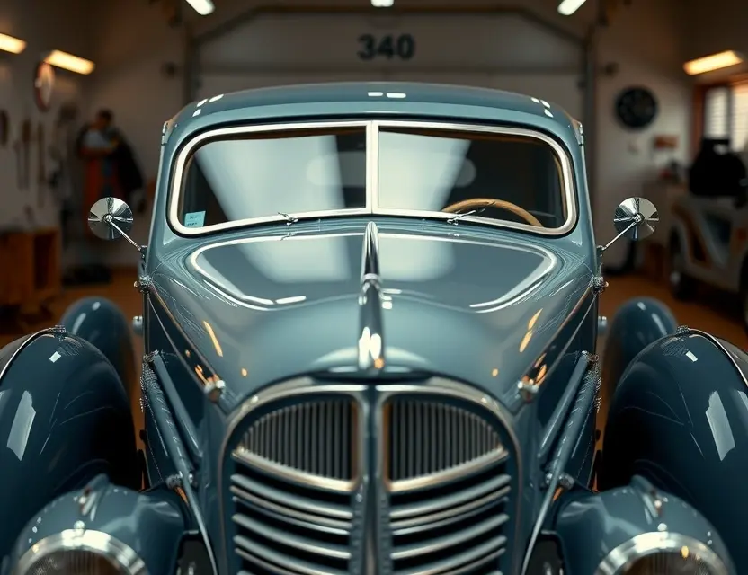 A vintage 1930s Cord 810 automobile with a newly replaced front windshield, shown in a clean garage setting with soft lighting, focusing on the glass installation detail without any people or tools visible