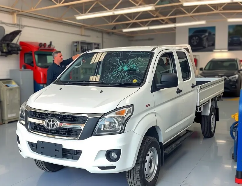 A Foton Tunland pickup truck with a cracked windshield, undergoing windshield replacement at an auto repair shop. The truck is parked on a clean, well-lit surface. A mechanic is working on the windshield, using tools. The shop has a clean and organized environment with various automotive parts visible in the background.