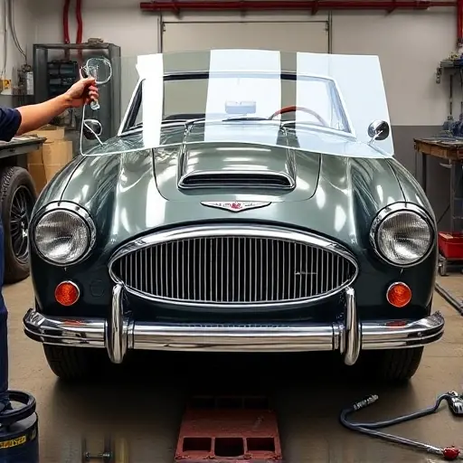 A realistic depiction of an Austin-Healey 3000 Mk III in a workshop setting, focusing on the replacement of its front windshield. The image shows the car’s front side with the old cracked windshield removed and a new clear glass panel being fitted. A mechanic’s hands and tools (such as a suction cup and a glass holder) are visible, along with a workbench and a light source that highlights the glass. The scene emphasizes the car’s front and the replacement process, with a clean, detailed, and realistic style.