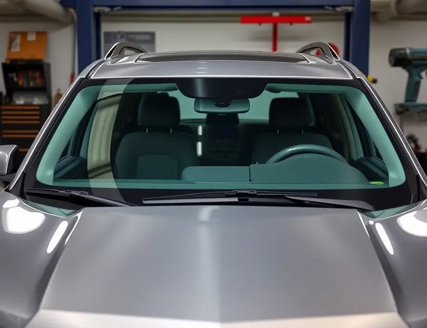 Замена лобового стекла Chevrolet Traverse A Chevrolet Traverse with a newly replaced windshield, showing a clean, unobstructed front glass, professional automotive repair environment with tools and equipment in the background, natural daylight, high detail, no people, no text, no logos