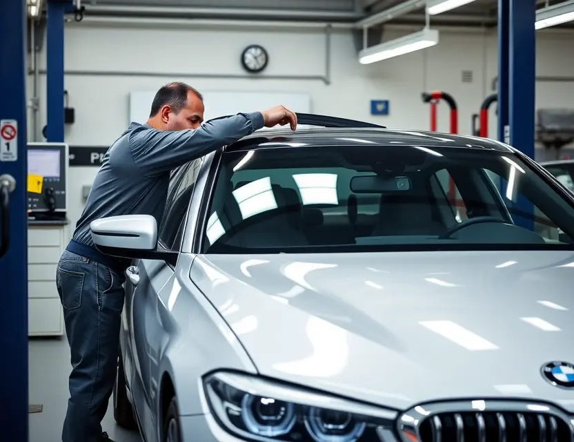A high-quality image of a professional automotive service center showing a technician carefully replacing the windshield of an Alpina D5 S car, with modern tools and equipment visible, clean workspace, natural lighting, no people other than the technician, no text or logos