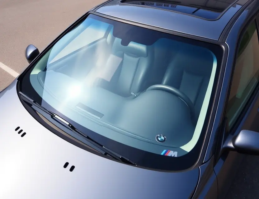 A high-quality image depicting a BMW M5 (E39) with a replaced windshield. The windshield is clear and new, seamlessly integrated with the car's design. The car is parked outdoors on a clean, paved surface. Focus on the detail of the windshield replacement and the overall aesthetic of the car.