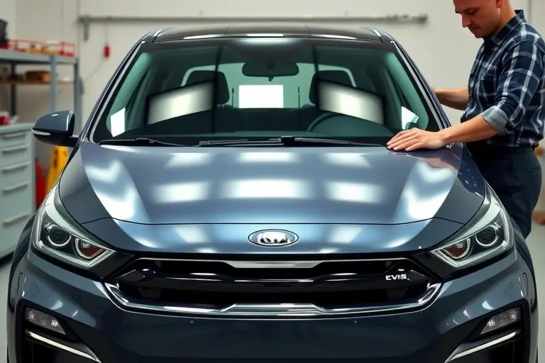 A mechanic replacing the windshield on a Kia EV6 electric car, showing the car's front, the new windshield, tools, and the mechanic's hands, with a clean workshop background
