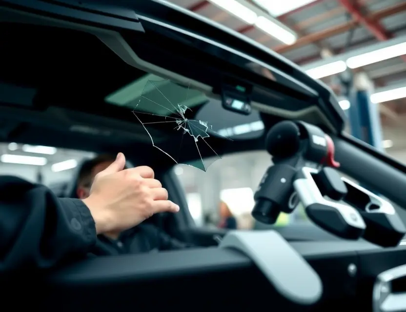 A close-up view of a Peugeot e-3008 windshield being replaced by a technician in a modern auto repair shop, showing the removal of the old cracked windshield and installation of a new one with precision tools, soft daylight from overhead lights, clean workshop environment, focus on hands and glass details, no text or logos visible