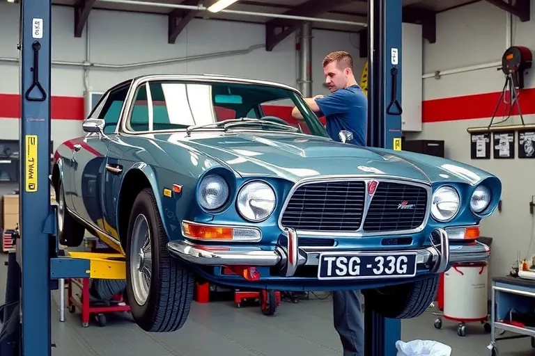 depict a mechanic replacing the windshield on a Jensen Interceptor 6.3 V8 Chrysler 280 l, showing the car on a lift, the old windshield removed, the new windshield being fitted, with tools and a clean, shiny finish, no text or lettering visible