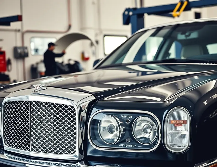A high-quality close-up shot of a luxury Bentley Arnage with its windshield being professionally replaced, showing a clean, modern auto glass workshop environment with specialized tools and safety equipment, soft natural lighting highlighting the car's elegant chrome grille and classic lines, no people visible, focus on the vehicle and the glass installation process