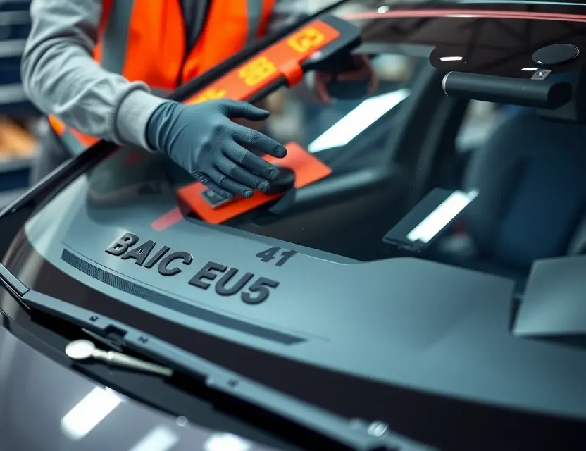 A close-up shot of a BAIC EU5 car windshield being replaced by a mechanic. The mechanic is wearing gloves and a safety vest. The windshield replacement process is visible, with tools and parts scattered around. Focus on the details of the replacement process and the car's windshield.