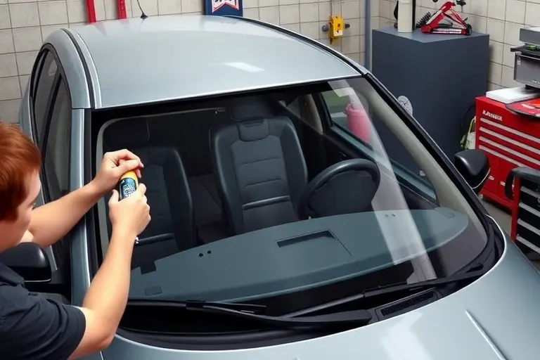 A realistic, high-resolution illustration of a mechanic replacing the windshield on a 2012 LADA Largus 1.6 L 106 hp. The scene shows the car in a garage, the old windshield removed, a new windshield being fitted, tools such as a suction cup, a sealant gun, and a protective cover. The background includes a workbench, a car jack, and a toolbox. The focus is on the windshield and the mechanic's hands, with the car's body visible but not the interior.