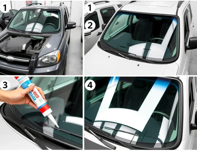 A detailed step-by-step process of replacing the windshield of a LADA Niva Legend. Show the car with the old windshield being removed, the new windshield being prepared and installed, and the final result with the new windshield in place. Include close-up shots of the tools and materials used, such as the windshield adhesive, suction cups, and safety equipment.