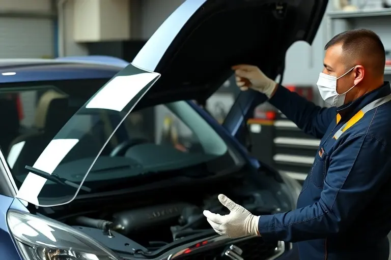 A mechanic in a garage is replacing the windshield of a 2015 Suzuki Vitara 1.4 Turbo 140 hp. The scene shows the car partially opened, the old windshield removed, and a new windshield being installed. The mechanic is wearing gloves and a protective mask, holding the new windshield. The garage has tools and a workbench in the background.