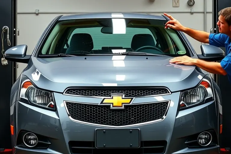 A detailed, realistic depiction of a mechanic replacing the windshield of a 2008 Chevrolet Cruze 1.4 Turbo. The scene shows the car on a lift, the old cracked windshield removed, a new clear glass panel being fitted, with tools such as a suction cup, a glass cutter, and a sealant gun visible. The focus is on the car's front, the windshield area, and the mechanic's hands. The background is a clean garage setting with subtle lighting, no text or signage.