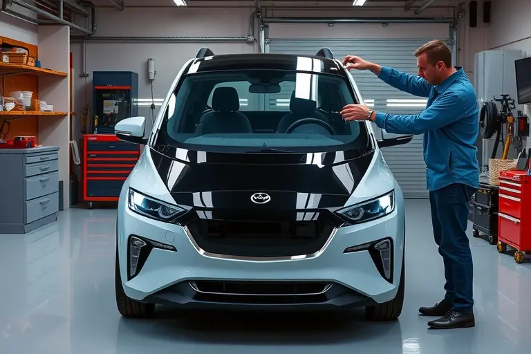 A detailed workshop scene showing a mechanic replacing the windshield of a Nammi 01 electric car, with the car's front exposed, a new windshield in hand, tools and a clean workspace, realistic lighting, no text or logos