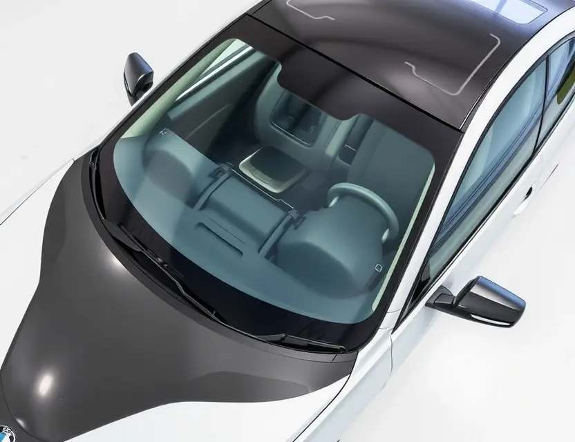 A high-quality image depicting a BMW i4 with a replaced windshield. The windshield is clear and new, seamlessly integrated with the car's design. The car is parked on a clean, well-lit surface, possibly a showroom or garage. Focus on the detail of the new windshield and the overall aesthetic of the car.