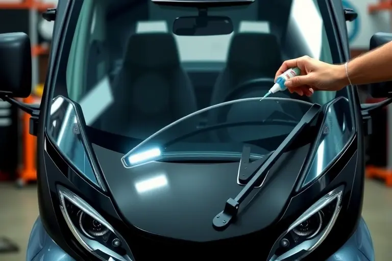 A detailed, realistic depiction of a mechanic replacing the windshield on a Canoo Lifestyle Vehicle electric 300. The scene shows the vehicle's front in a garage setting, with the old windshield removed and a new clear glass panel being fitted. Tools such as a suction cup, a sealant dispenser, and a small pry bar are visible. The focus is on the glass, the vehicle's front fascia, and the careful alignment process, with a subtle background of garage equipment.
