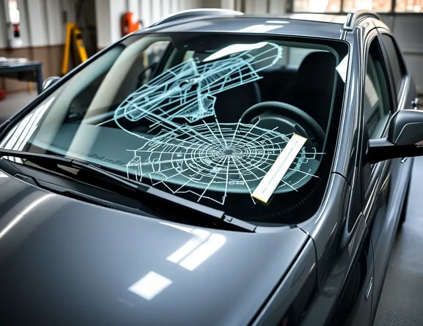 A Roewe D7 car with a cracked windshield undergoing a windshield replacement service. The car is parked in a garage with a mechanic working on the windshield. Focus on the replacement process and the car's exterior.