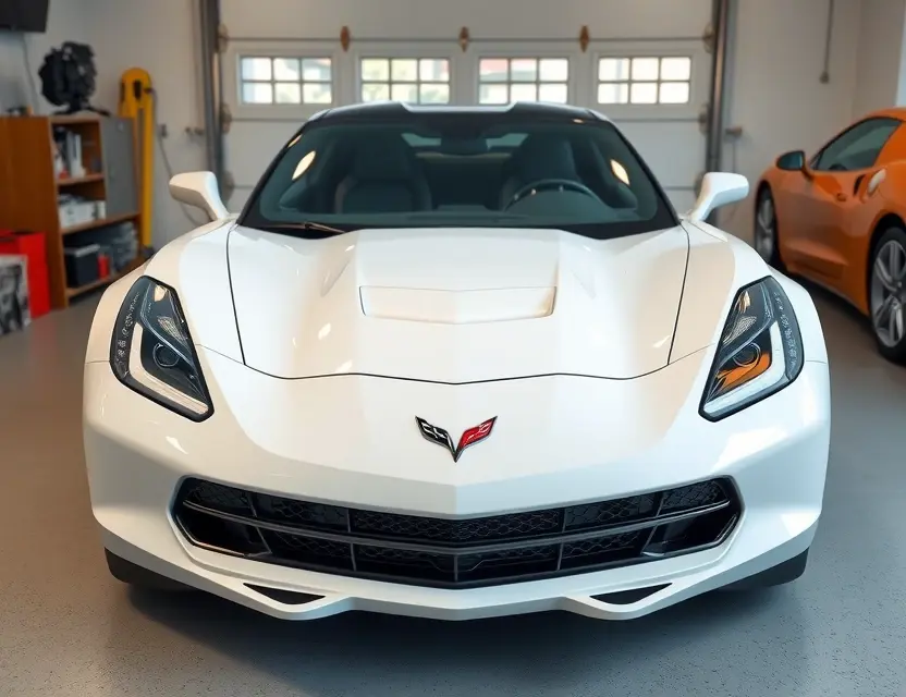 A Chevrolet Corvette C7 with a newly replaced windshield, shown from a front angle in a well-lit garage, clean and professional appearance, no people, no tools, no text