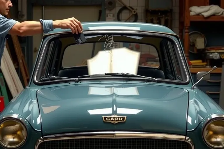 A detailed, realistic depiction of a mechanic replacing the windshield of a 1960s Hillman Minx 1.5 L car. The scene shows the old cracked windshield being carefully removed, the car's body and frame visible, and a new clear windshield being fitted with proper alignment tools. The setting is a classic garage with period-appropriate tools and a vintage workbench. The focus is on the hands, the glass, and the car's front, capturing the precision and care of the repair process.