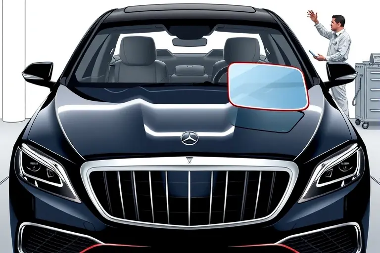 A high‑resolution illustration of a luxury Maybach S 680 sedan with its front windshield partially removed, showing the interior of the windshield frame and a mechanic in a clean work environment holding a replacement glass panel. The scene emphasizes the car’s sleek design, the precision of the glass fitting, and the tools used for the replacement, all without any text or lettering visible.
