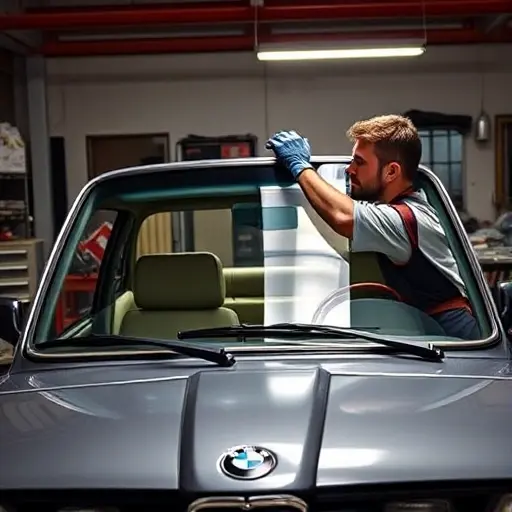 A detailed, realistic depiction of a mechanic in a garage replacing the windshield of a BMW 5er E28 (model years 1981–1988). The scene shows the car’s front end with the hood slightly open, revealing the windshield frame. The mechanic, wearing gloves and a protective apron, is carefully positioning a new windshield into the frame, using a small tool to align it. The background includes a workbench with automotive tools, a light source highlighting the glass, and a subtle hint of the car’s interior visible through the new windshield. The image should emphasize the precision of the replacement process, the clarity of the glass, and the classic design of the BMW 5er E28.