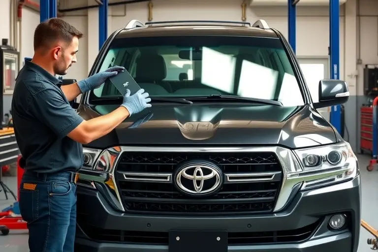 A mechanic in a garage, wearing gloves, holding a new windshield and carefully installing it onto the front of a Toyota Land Cruiser 300 3.5 V6 Twin Turbo, with the vehicle’s front visible and tools scattered around, in a clean workshop setting