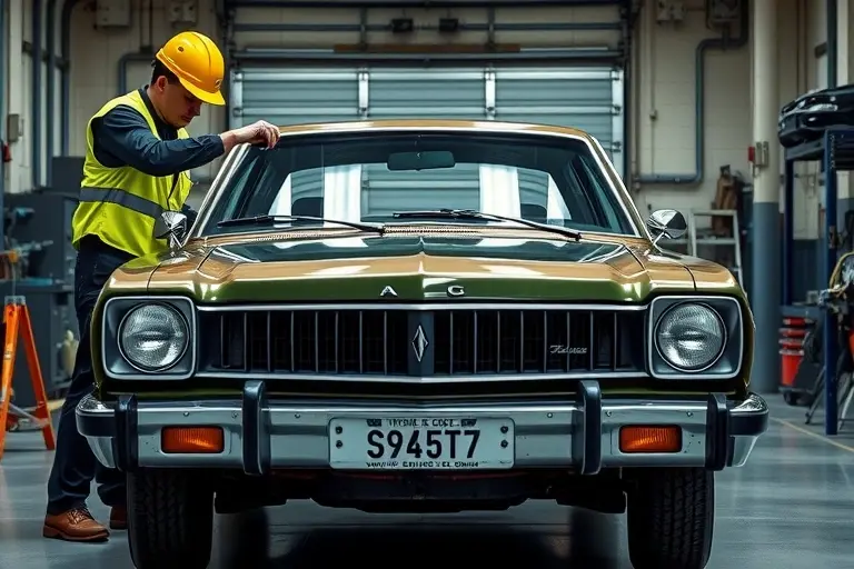 A 1970s AMC Hornet with a 3.8 L R6 engine, front view in a well‑lit garage. A mechanic in safety gear is removing the old windshield and installing a new one, using suction cups and a rubber mallet. The car is centered, the windshield area highlighted, realistic high detail, clean workshop background, no other vehicles or brand logos.