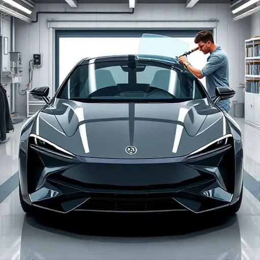A detailed illustration of a futuristic Xiaomi SU7 electric car from 2024 with a windshield being professionally replaced in a modern garage. The scene shows the car's front view, a technician using tools to remove the old glass and install a new transparent windshield, with bright lighting and realistic reflections on the car body. Emphasize the sleek design, electric badge, and the precise work on the windshield.