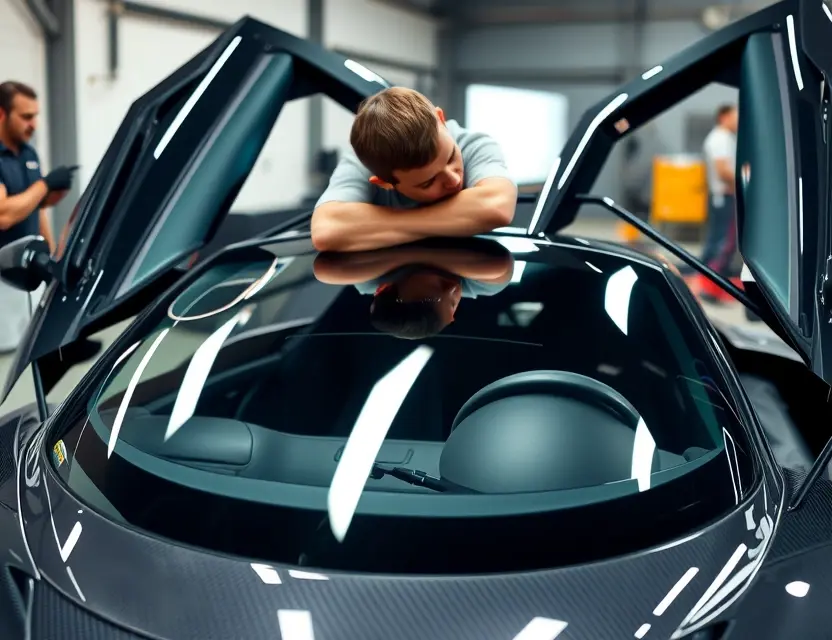 A detailed close-up of a Pagani Zonda F's windshield being replaced in a professional automotive workshop, showing a technician carefully installing a new windshield with precision tools, the car's iconic carbon fiber body and gull-wing doors visible in the background, soft workshop lighting highlighting the glass and metal surfaces, realistic textures, high detail, no text or labels
