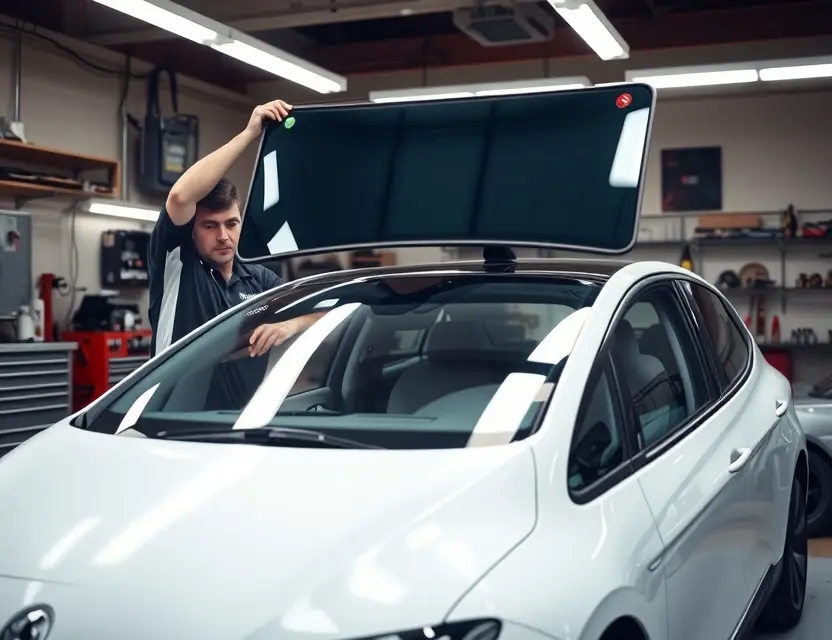 A professional technician replacing the windshield of a Lucid Air Pure electric car in a well-lit garage. The car should be positioned in the center of the image, with the technician carefully removing the old windshield and preparing to install the new one. The garage should have various automotive tools and equipment in the background, indicating a professional setting.