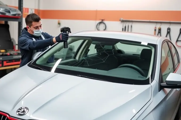 A detailed workshop scene showing a mechanic in a clean garage removing a cracked windshield from a Skoda Octavia 1.5 TSI 2020 model, using a suction cup and specialized tools. The mechanic is wearing a safety mask and gloves, with a new windshield being carefully positioned on the car's front. The car's front side is visible, with the hood slightly open, and a workbench with organized tools in the background. The lighting is bright and focused on the car, creating a realistic, high-quality image of the windshield replacement process.