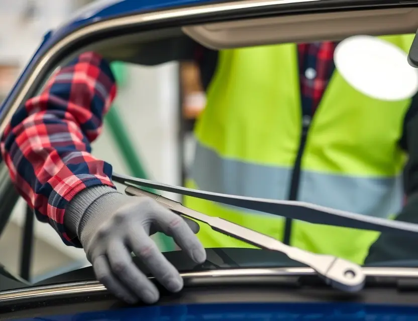 A close-up shot of a Talbot car windshield being replaced by a mechanic. The mechanic is wearing a safety vest and gloves. The windshield replacement process is visible, showing the old windshield being removed and the new one being installed. Focus on the hands and tools involved in the repair.