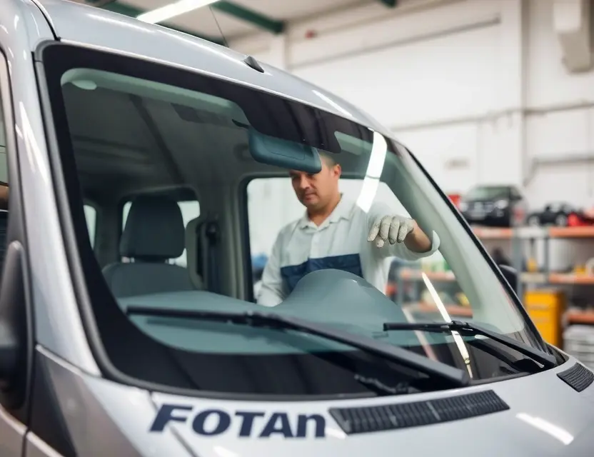 A car mechanic replacing the windshield of a Foton vehicle in a well-lit garage, showing tools and new windshield being installed, no text or labels