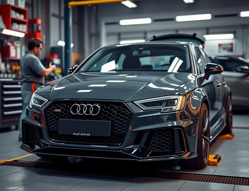 A high-quality image of an Audi RS3 with its front windshield being replaced, showing a professional auto glass repair shop environment, tools and technicians working on the car, realistic lighting and detailed car exterior